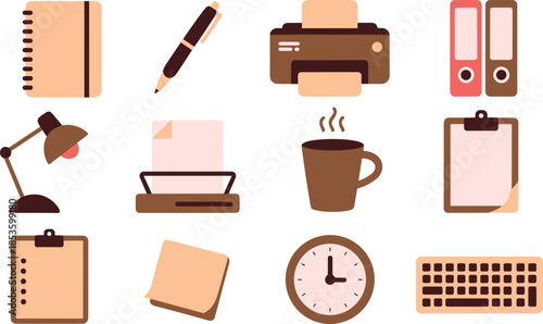 Office workspace stationery icon set, notebook pen printer coffee clock keyboard document tools flat vector illustration isolated background