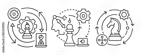 Strategic business analysis, planning, and execution process icon set