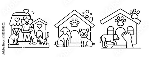 Caring for pets and animal welfare services, showcasing adoption and housing