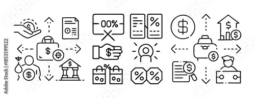 Financial management, banking, investment, debt, and payment symbols.