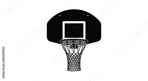 A black and white depiction of a basketball hoop and net presented as a clear silhouette
