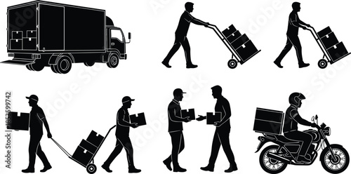 Delivery Service and Logistics Silhouette Set with Courier Figures Loading Truck Using Hand Trucks Carrying Boxes and Riding Delivery Motorcycle