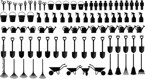 Gardening Tools and Equipment Silhouettes Vector Illustration Set: Shovel, Rake, Watering Can, Bucket, Wheelbarrow, Spray Bottle, and Scissors Icons