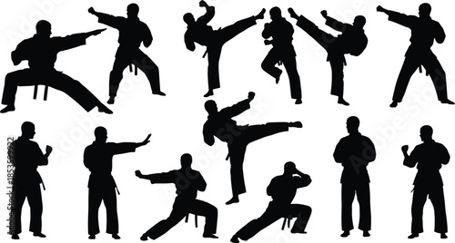 Karate silhouettes vector pack. Martial arts poses set. Fighter collection in black Gi for sport logo, training, or fight competition design.