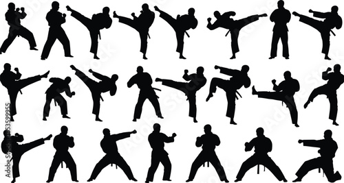 Martial arts silhouettes collection featuring karate and taekwondo fighters performing dynamic kicks punches stances and combat training positions for sports design