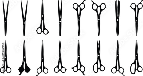 Professional Hairdressing Salon Scissors and Shears Vector Silhouette Collection for Barber Haircut Tools, Styling, Grooming, and Beauty Accessories Icons Set.