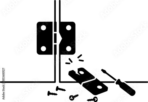 Broken door hinge with screws and screwdriver on floor
