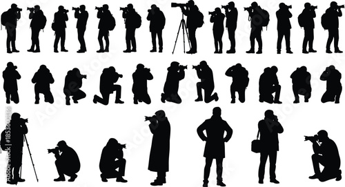 Professional Photographers Silhouettes Collection: Black Vector Set of People Holding Cameras, Standing, Kneeling, and Using Tripods for Stock Content.