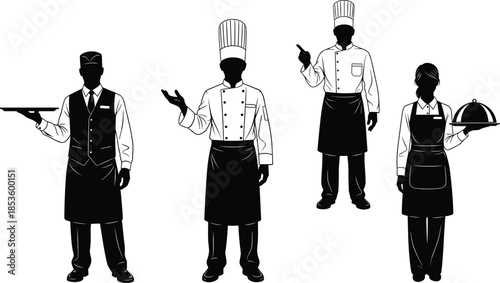Professional Restaurant Staff Silhouettes Including Chefs in Uniform and Waiters Carrying Trays and Food Platters Isolated on White Background Vector