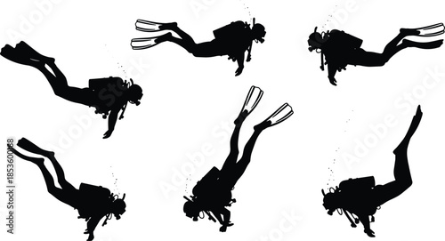 Scuba Diving Silhouettes Vector Pack: Black Underwater Divers with Fins, Tank, and Mask in Various Swimming Poses, Isolated on White Background.