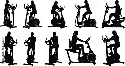 Silhouettes of People Exercising on Stationary Bikes and Elliptical Trainers, Including Men and Women, in a Set of Ten Vector Icons Isolated on White.