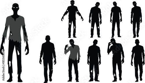Silhouettes of Undead Zombies: Set of Walking, Shambling, and Groaning Figures for Halloween, Horror, and Apocalyptic Vector Illustrations.