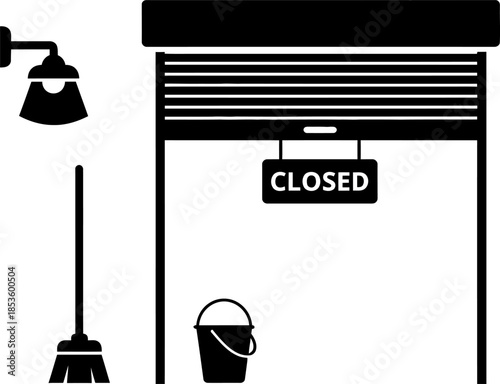 Closed business storefront with cleaning tools silhouette