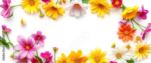 Vibrant floral frame, blossoms arranged in a circle on pure white , colorful flowers, arrangement