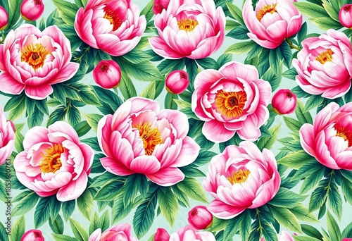 Watercolor peony blossoms, lush leaves, seamless repeat pattern, pattern, scrapbook