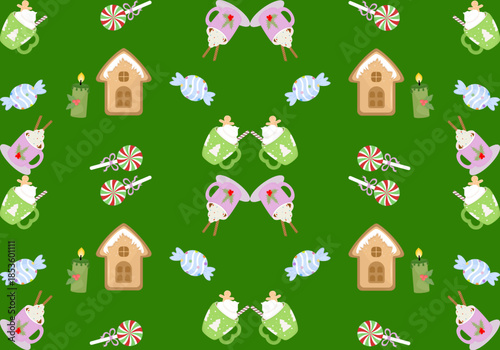 Chistmas house and flowers pattern 