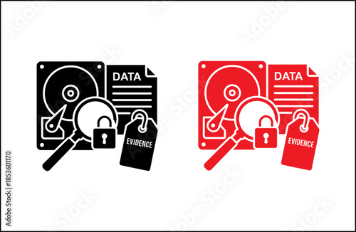 Digital evidence and data security icons with lock and magnifying glass