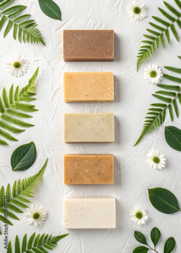 Natural handmade soap bars with green botanical elements