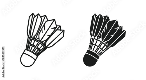 Two badminton shuttlecocks presented in a striking black and white design a dynamic silhouette
