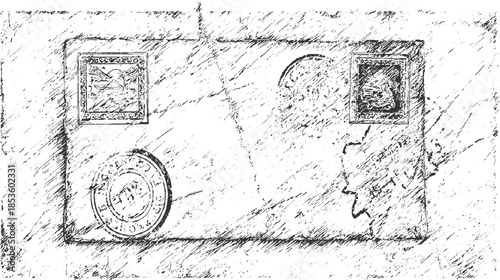 Black and white of an old envelope with stamps and postmarks letter mail