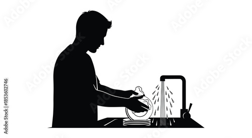 a dark silhouette of a person washing dishes at a kitchen sink in a home setting silhouette