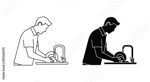 A contrasting depiction of a man washing dishes one in line art and one in silhouette