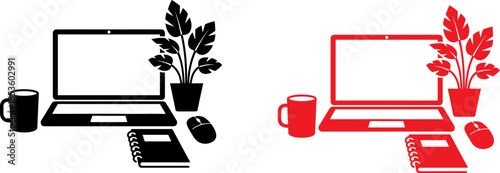 Modern workspace setup with laptop and office supplies in black and red