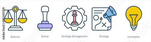 A set of 5 business icons as balance, stamp, strategy management