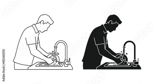 A contrasting depiction of a man washing hands at a sink line art and silhouette