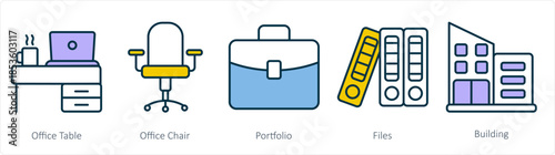 A set of 5 business icons as office table, office chair, portfolio