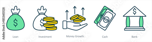 A set of 5 business icons as loan, investment, money growth