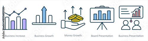 A set of 5 business icons as business increase, business growth, money growth