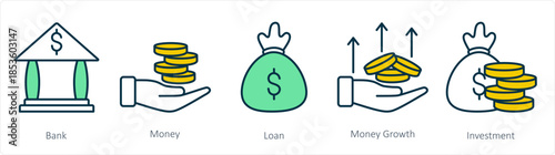 A set of 5 business icons as bank, money, loan