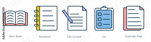 A set of 5 business icons as open book, notebook, edit content