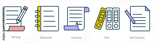 A set of 5 business icons as writing, notebook, contract