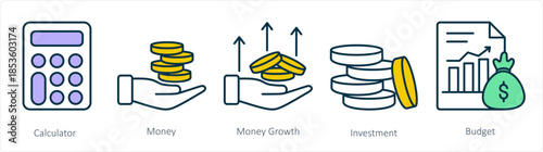 A set of 5 business icons as calculator, money, money growth