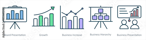 A set of 5 business icons as board presentation, growth, business increase