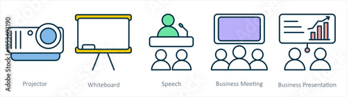 A set of 5 business icons as projector, whiteboard, speech