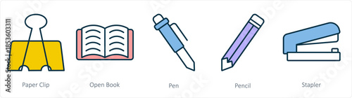 A set of 5 business icons as paper clip, open book, pen