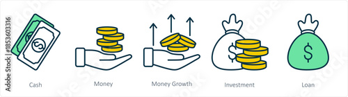 A set of 5 business icons as cash, money, money growth