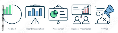 A set of 5 business icons as pie chart, board presentation, presentation