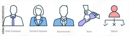 A set of 5 business icons as male employee, female employee, businessman
