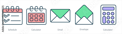 A set of 5 business icons as schedule, calculator, email