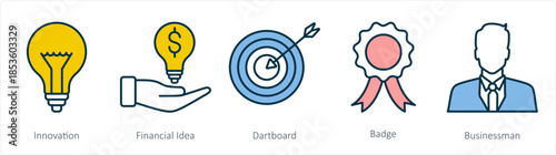 A set of 5 business icons as innovation, financial idea, dartboard