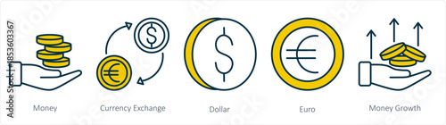 A set of 5 business icons as money, currency exchange, dollar