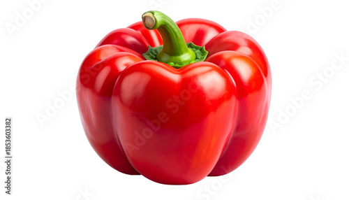 Vibrant, close-up shot of a glossy, red bell-shaped fruit with green stem
