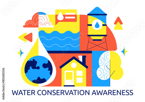 Water Conservation Awareness Vector Illustration Featuring Sustainable Usage Environmental Protection For Future Generations Background