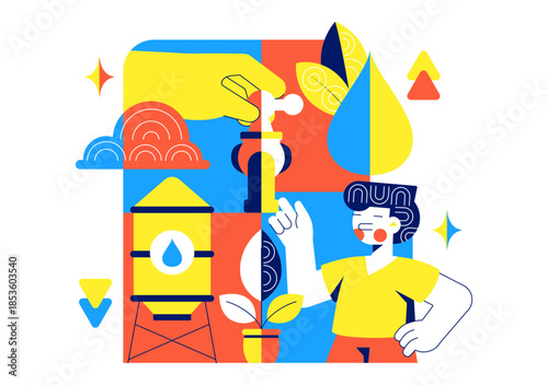 Water Conservation Awareness Vector Illustration Featuring Sustainable Usage Environmental Protection For Future Generations Background