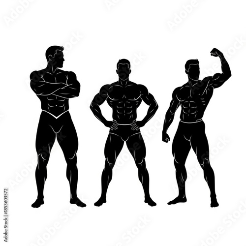 Three muscular men in different poses showing physique