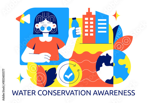 Water Conservation Awareness Vector Illustration Featuring Sustainable Usage Environmental Protection For Future Generations Background